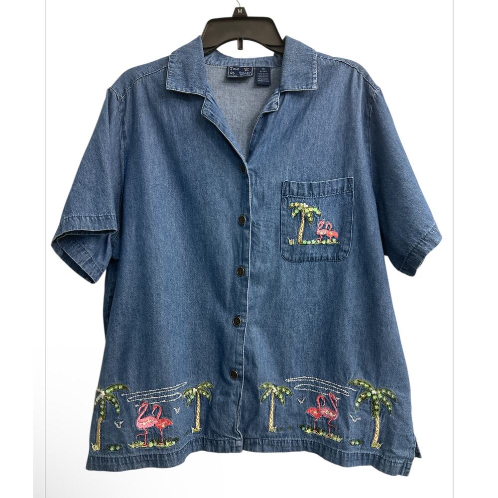 Jane Ashley Woman Denim Button Up Shirt Embrodried Flamingo Sequins Plus Size 1X